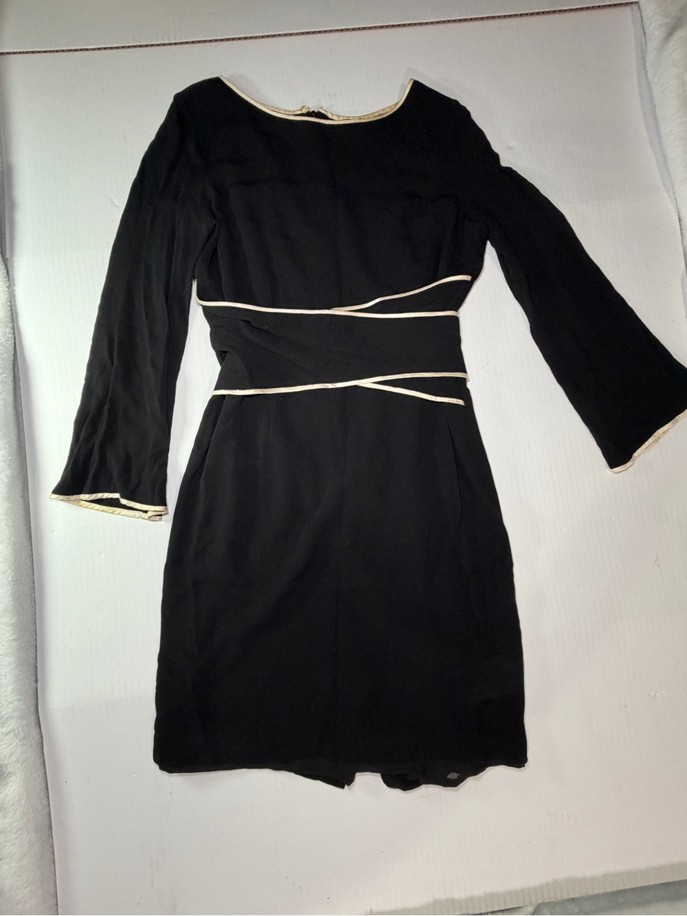 Black Long-Sleeve Waist-Detail Dress with Cream Piping